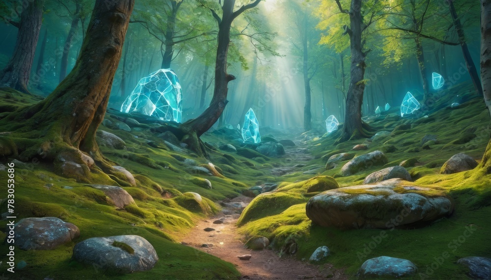 Poster an enchanting forest path, dappled with light and lined with mysterious glowing crystals.. ai genera