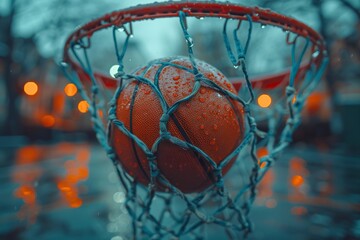 A close-up of a wet basketball net and ball emphasizes texture and detail, with a blurred...