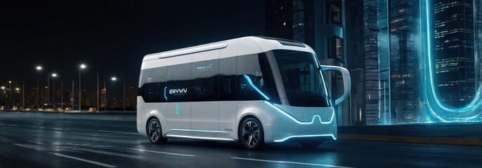 Fototapeta premium electric mini bus in city highway with full self driving system, modern electric bus, modern transport facilitation