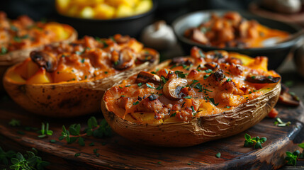 Gourmet stuffed baked potatoes with melted cheese, mushrooms, and bacon, garnished with fresh herbs on a rustic table. - 783053609