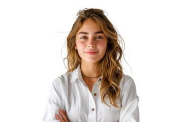 Effortless Chic and Confidence: Young entrepreneur with a friendly demeanor in a crisp white shirt