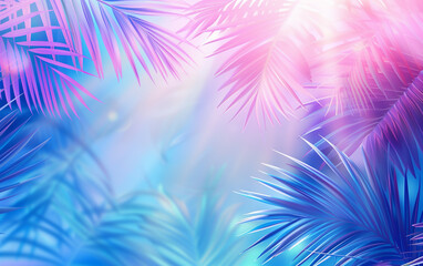 Bright Blue and Pastel Pink Tropical Palm Leaves with Sun Rays
