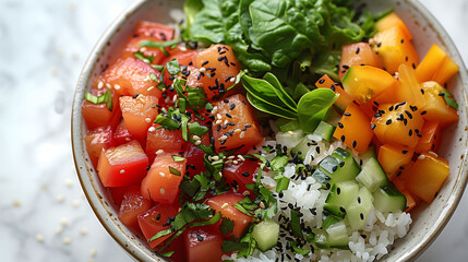 Fresh poke bowl with sushi rice, diced salmon, tuna, cucumber, mango, and avocado garnished with sesame seeds and herbs on a white background. Healthy food concept. - 783053672