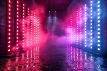 Vibrant pink and blue LED stage lights illuminate the scene with fog creating a mysterious atmosphere