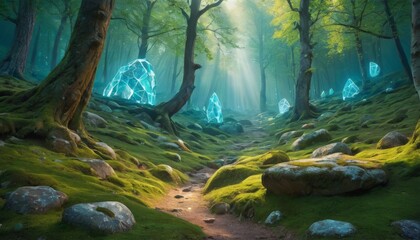 An enchanting forest path, dappled with light and lined with mysterious glowing crystals.. AI Generation