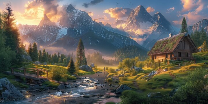 Landscape Wallpaper, Serene Mountainous View with Traditional Chalet and Creek
