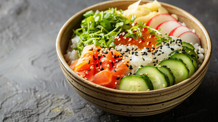 Fresh poke bowl with salmon, rice, avocado, cucumber, radish, and sprouts, garnished with sesame seeds and chili flakes, served in a rustic bowl on a dark background. - 783053837