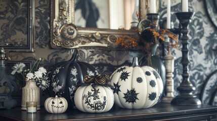 Vintage Halloween decor with artistic pumpkins, black and white colors, a spooky addition for themed designs.