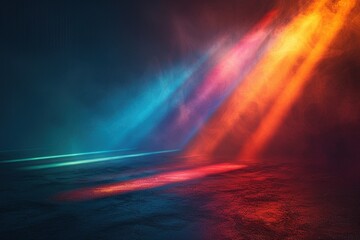 Fototapeta na wymiar Vivid light interplay in a minimalist design. A blue-to-green gradient beam meets an orange-to-red one, creating a brilliant central point against a dark background