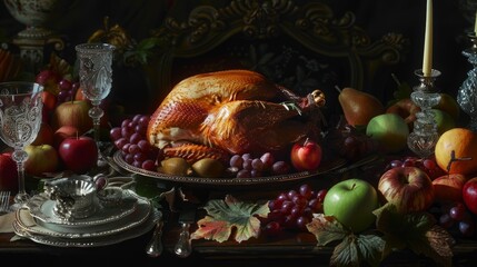 Obraz na płótnie Canvas Lavish thanksgiving turkey feast with fruits and wine, suitable for holiday and culinary use.