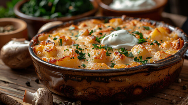 Savory baked casserole in a rustic earthenware dish, topped with melted cheese and a dollop of sour cream, garnished with fresh herbs, on a wooden table with ingredients around.