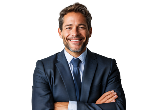 Leadership and Charisma: Smiling executive in a classic navy suit radiating confidence