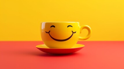 Yellow cup with smiley face on yellow background