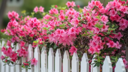 Vibrant pink azaleas bloom profusely along a white picket fence, their lush petals a herald of spring and natural beauty.
