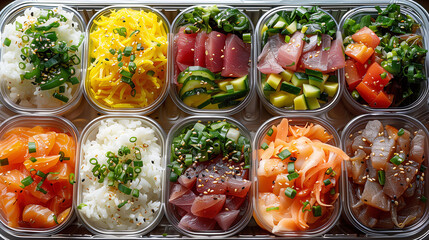 Assorted fresh sushi and sashimi dishes in takeout containers, neatly arranged, showcasing a variety of fish, rice, and garnishes with vibrant colors. - 783054206