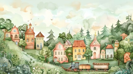watercolor panorama of a dreamy townscape, with miniature houses and a playful toy train chugging along, surrounded by a magical forest under a serene, pastel sky, perfect for a nursery wall mural.