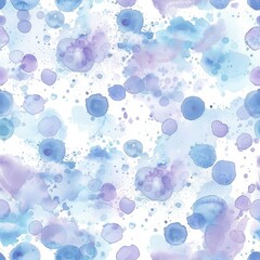 Playful seamless pattern for fabric, featuring an array of watercolor dots in varying shades of periwinkle, lilac, and ice blue, giving a feel of gentle rainfall in a pastel sky.