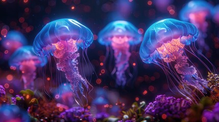 Translucent Radiance of Crystal Jellyfish Gleams Against the Dark Ocean.
