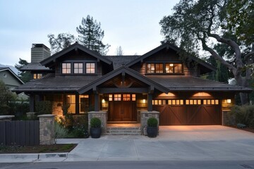 Fototapeta na wymiar Modern Craftsman Style Home Exterior: Front View of House with Trimmed Garage, Driveway and Paseo on Property