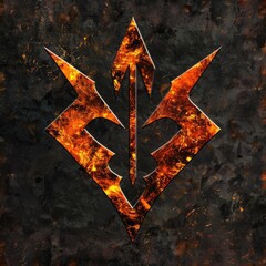 Metallic Chaos Symbol with Orange Arrow. Glossy Gridiron Texture with Shine. Perfect for Roleplaying Signs