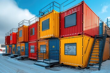 Cargo containers repurposed as emergency shelters or aid distribution centers in disaster-stricken areas, providing temporary housing and essential supplies to affected communities