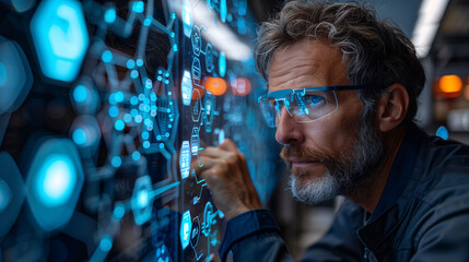 Focused mature man with glasses interacting with futuristic touchscreen interface. Concept of modern technology, innovation, and digital interaction in a corporate setting. - 783054474