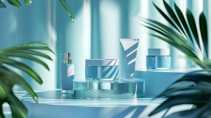 An ad template for a blue minimal skincare kit displaying product mock-ups on stage with a wavy shape divider and palm trees.
