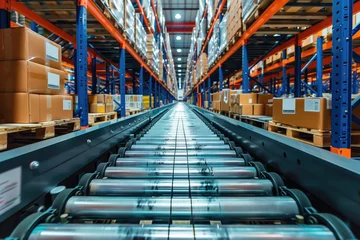 Foto op Canvas Goods move along a conveyor belt system, transporting them efficiently from one area of the warehouse to another, illustrating the seamless flow of inventory management © arti om