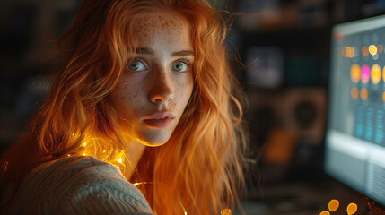 Portrait of a young woman with red hair and freckles, looking at the camera with a thoughtful expression, illuminated by warm ambient light with a blurred background. - 783054678