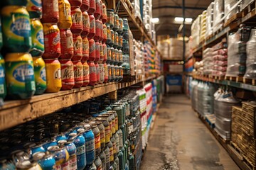 Fototapeta premium The warehouse is filled with neatly stacked pallets of various goods, stretching from floor to ceiling, showcasing the abundance and variety of products stored within