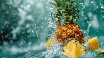 Fresh tropical fruit floating in water on green background for organic juice and smoothie ad