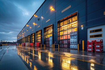 Trucks are parked at the warehouse loading dock, while workers unload crates and pallets of goods, highlighting the logistical hub where products are received and dispatched for distribution - obrazy, fototapety, plakaty