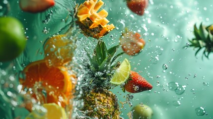 Organic tropical fruit dessert for juice and smoothie ads, fruits floating in water