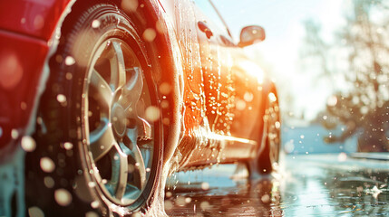 Car wash on blurred background in a sunny day. Close-up.