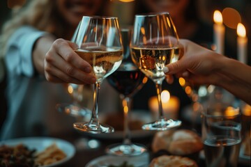 Young people sitting at bar table toasting wine glasses on the restaurant