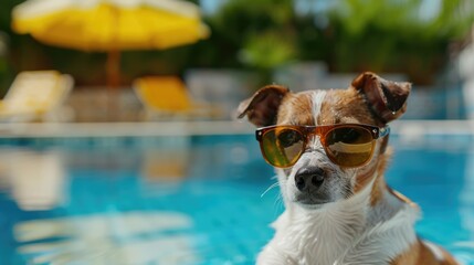 Summer Fun with a Funny Dog Wearing Sunglasses by the Swimming Pool