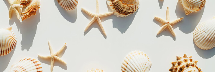 Flat lay aesthetic marine pattern on light clean background with seashells and starfish. Generative AI - obrazy, fototapety, plakaty