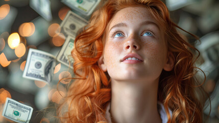Portrait of a young woman with red hair and freckles looking up, surrounded by falling dollar bills, suggesting wealth or financial success, with a blurred background and bokeh lights. - 783054895