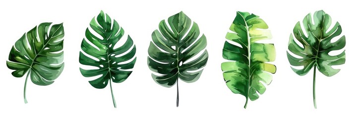 Watercolor Monstera Leaves Set. Exotic Tropical Plant Illustration with Green Palm Leaf Design. Nature Inspired Floral Artwork