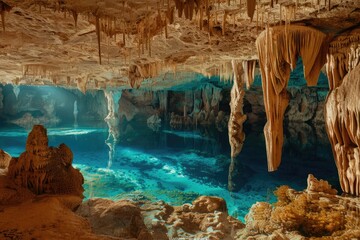 Underwater Cave Stalactites Landscape. Speleology and Divind View of an Exotic Tunnel in Cenote for Vacation and Extreme Snorkeling - obrazy, fototapety, plakaty