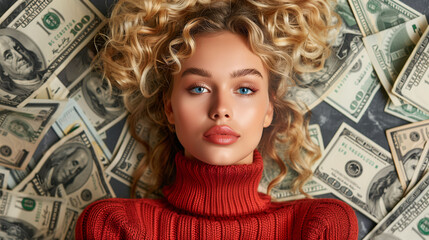 Portrait of a young woman with curly hair lying on a bed of US dollar bills, wearing a red turtleneck sweater, symbolizing wealth and luxury. - 783055031