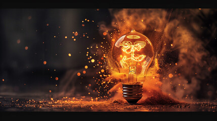 The light bulb was blown out and surrounded by smoke. Concept of destruction and chaos - obrazy, fototapety, plakaty
