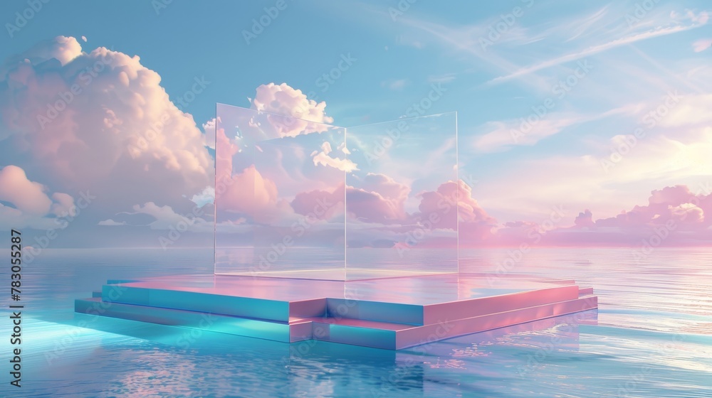 Poster summer beach scene design in 3d with product display stages. there is a square stage on the seawater