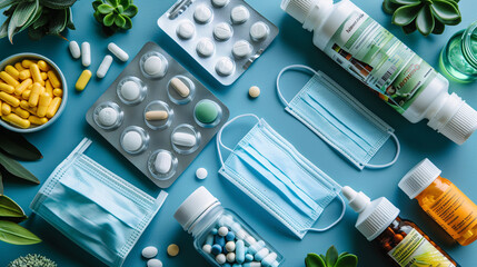 Flat lay of various pills, capsules, medical masks, and bottles on a blue background, symbolizing healthcare, medicine, and virus protection. - 783055261