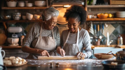 Fototapeta na wymiar Grandmother Teaching Granddaughter to Bake