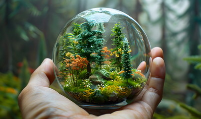 World Earth Day Concept. Arbor Day. Glass ball forest ecosystem. Environmental problems and protection. Caring nature - obrazy, fototapety, plakaty