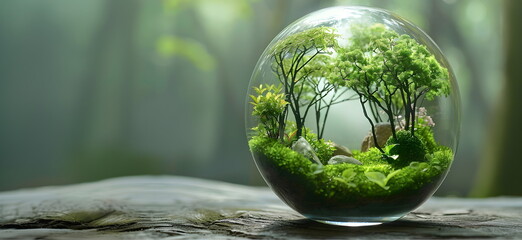 World Earth Day Concept. Arbor Day. Glass ball forest ecosystem. Environmental problems and protection. Caring nature - obrazy, fototapety, plakaty