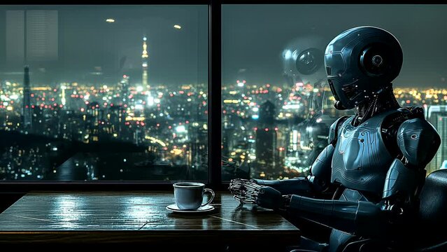Robot enjoying hot coffee with cityscape view. seamless looping 4k time-lapse video background