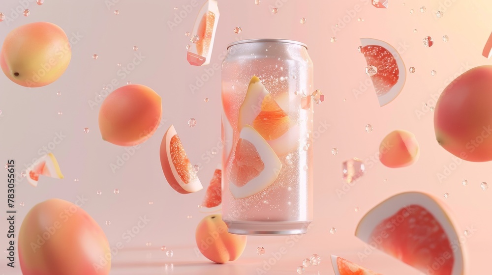 Poster 3d illustration of a sparkling water can with geometric peach slices and a floating fruit slice.