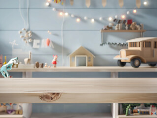 Product photography eye-level view of the empty wooden counter in the cozy boy's room. Light girland is on the wall. Large car model and other boy toys are visible in the background photorealistic